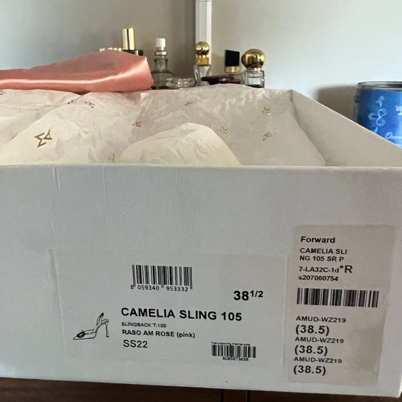 Amina Muaddi Pink Satin Camelia Sling 105 - Picture 9 of 9